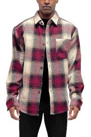 Flannel Shirt Jacket Checkered Plaid Shacket (Color: Burgundy, size: S)