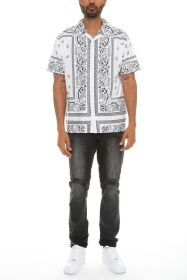 Mens Collared Print Button Down (Color: WHITE BLACK, size: S)