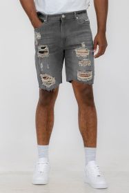 Distressed Stretch Denim Shorts (Color: Grey, size: 36)