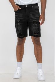 Distressed Stretch Denim Shorts (Color: Black, size: 34)