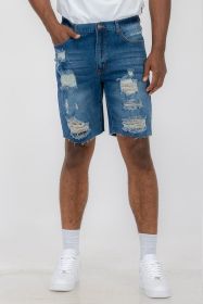Distressed Stretch Denim Shorts (Color: Blue, size: 30)